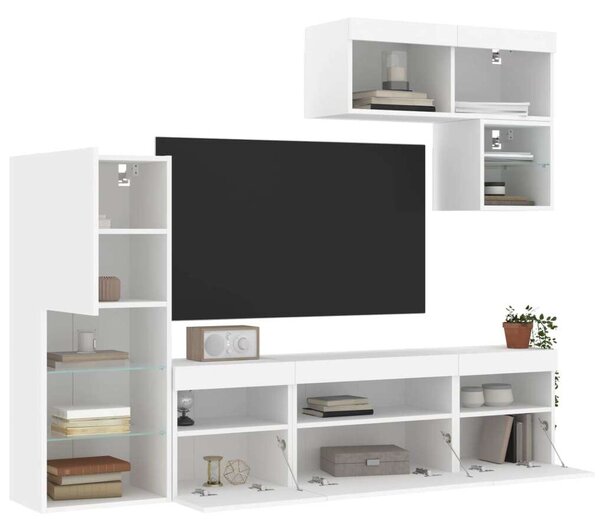 VidaXL 6 darab fehér szerelt fa fali TV-bútor LED-del