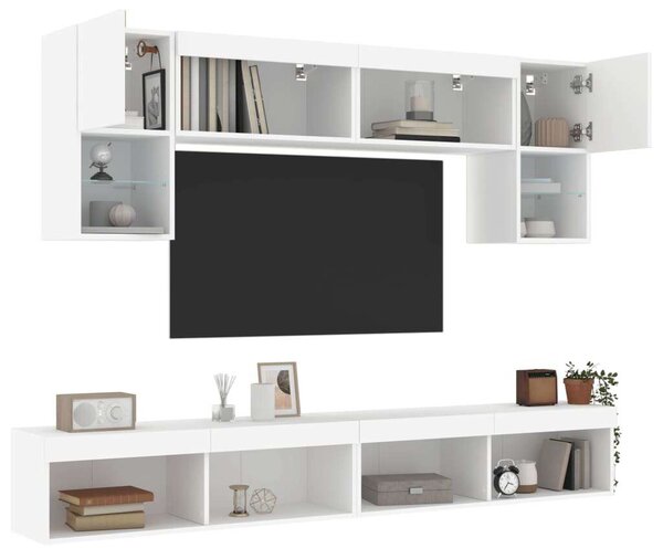 VidaXL 6 darab fehér szerelt fa fali TV-bútor LED-del