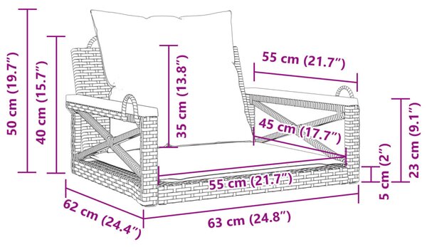 Fekete polyrattan hintapad párnákkal 63 x 62 x 40 cm