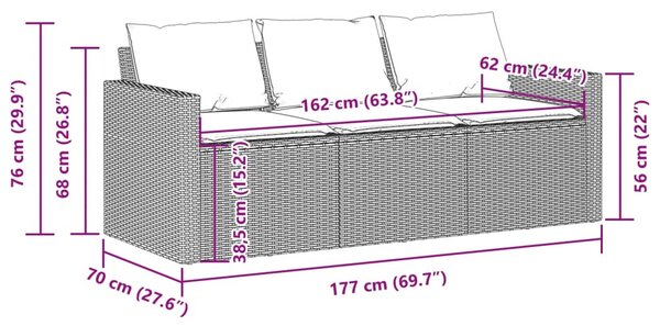VidaXL 3 személyes bézs polyrattan kerti kanapé párnával