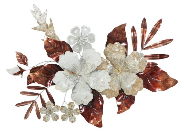 Virágkompozíció fém fali dekoráció, bordó levelekkel, törtfehér - JAPAN