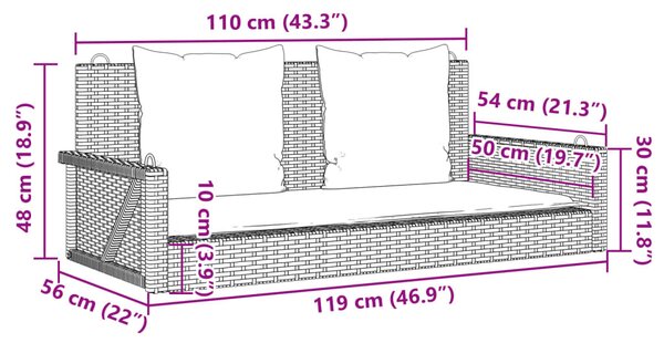 Szürke polyrattan hintapad párnákkal 119 x 56 x 48 cm