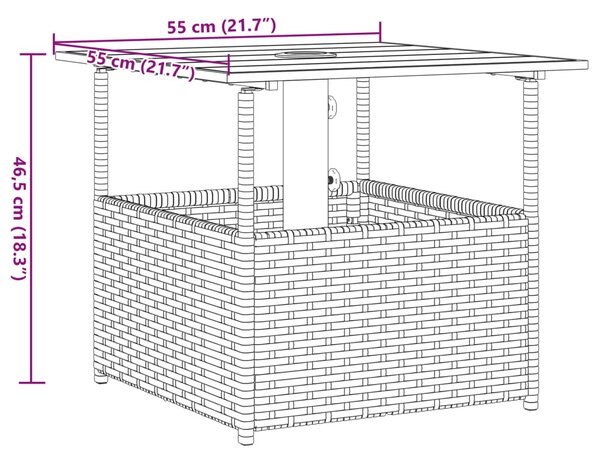 Fekete polyrattan kerti asztal napernyőlyukkal 55x55x46,5 cm