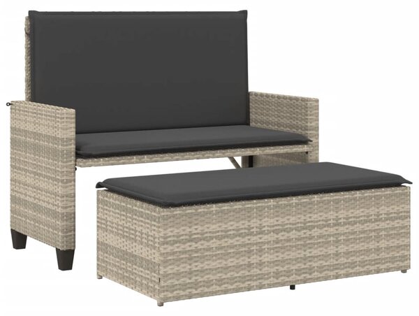 Világosszürke polyrattan kerti pad párnákkal és lábtartóval