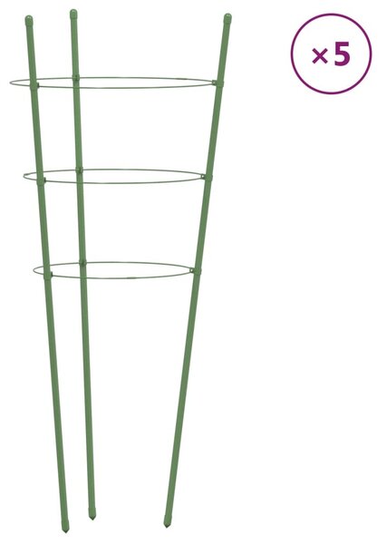 5 db zöld acél kerti növénytámasz 3 gyűrűvel 60 cm