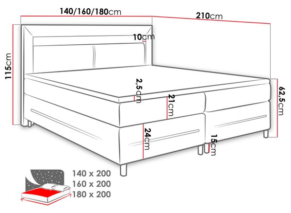 Boxspring franciaágy LED világítással 160x200 GALWAY - fekete ökobőr + INGYENES topper