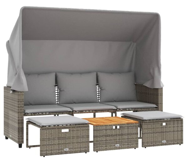 3 személyes szürke polyrattan kerti kanapé baldachinnal/székkel