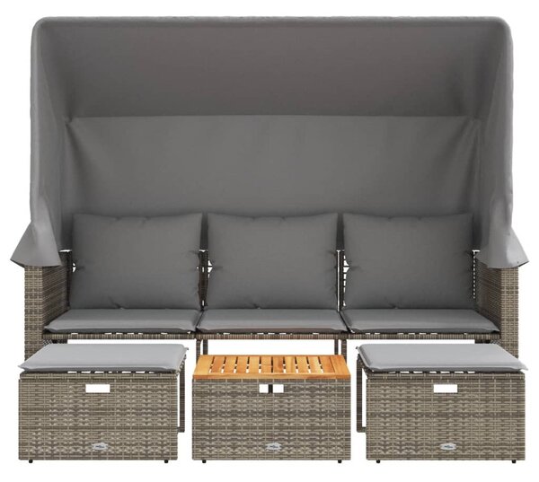 3 személyes szürke polyrattan kerti kanapé baldachinnal/székkel