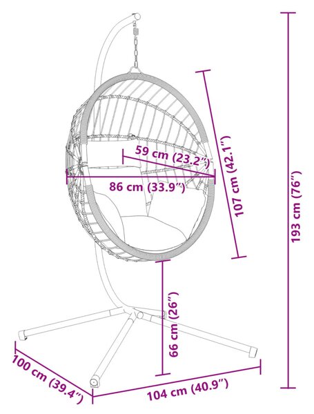 Antracitszürke rattan és acél függő kagylószék állvánnyal