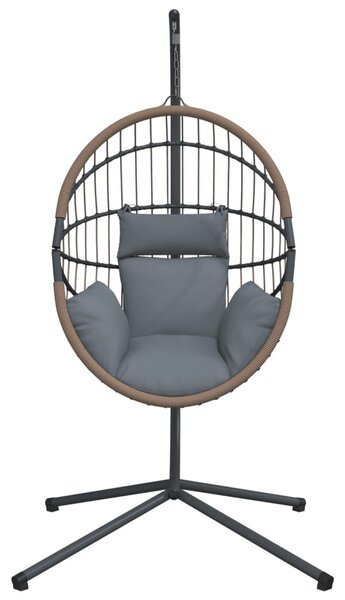 Világosszürke rattan és acél függő kagylószék állvánnyal