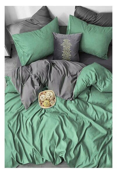 Zöld-szürke kétszemélyes hosszabbított négyrészes renforcé pamut ágyneműhuzat lepedővel 200x220 cm – Mila Home