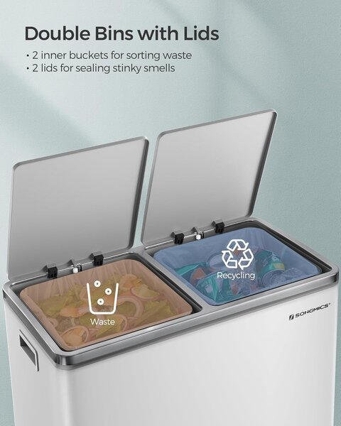 SONGMICS dupla szemetes, fém szelektív hulladékgyűjtő 15 szemeteszsákkal, 2 × 30 L, fehér–szürke