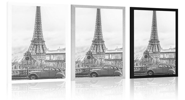 Az Eiffel-torony plakátképe a párizsi utcáról fekete-fehérben
