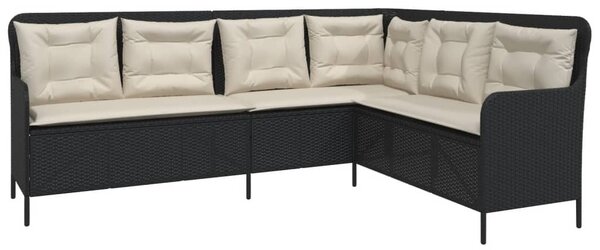 L-alakú fekete polyrattan kerti kanapé párnával