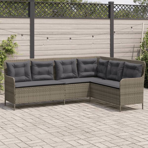 Szürke polyrattan L-alakú kerti kanapé párnákkal