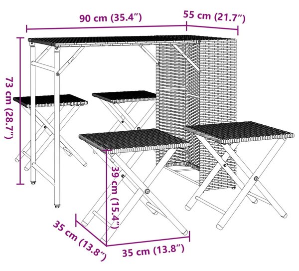 5 részes barna polyrattan összecsukható kerti étkezőgarnitúra