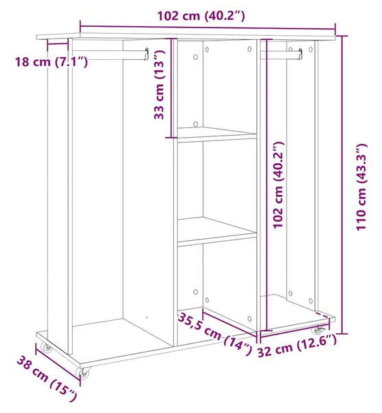 Betonszürke szerelt fa ruhásszekrény kerékkel 102 x 38 x 110 cm