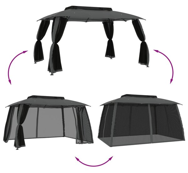 Antracit acél dupla tetős pavilon hálós falakkal 3,93 x 2,93 m