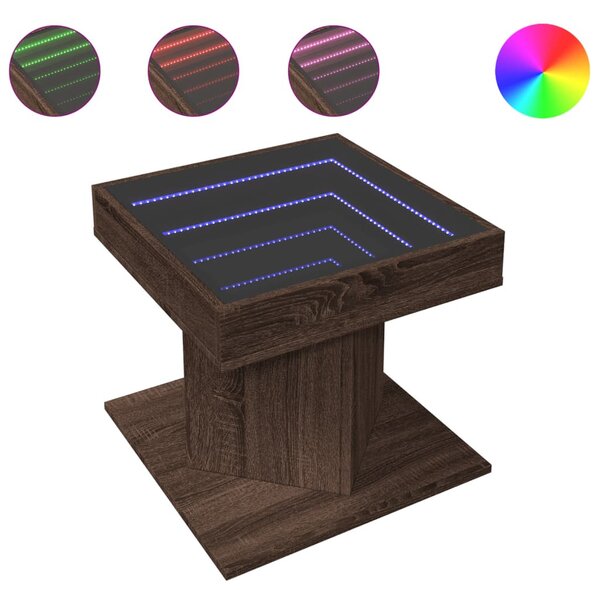 Barna tölgy szerelt fa dohányzóasztal LED-del 50 x 50 x 45 cm