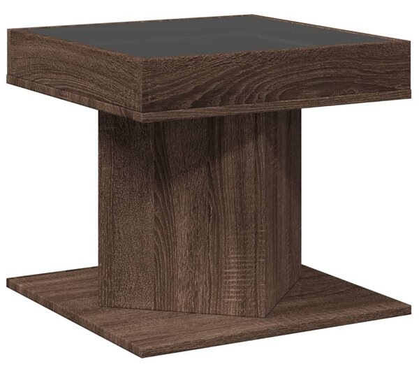 Barna tölgy szerelt fa dohányzóasztal LED-del 50 x 50 x 45 cm