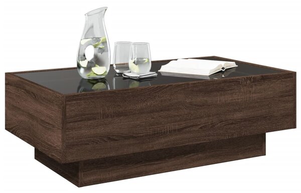 Barna tölgy szerelt fa dohányzóasztal LED-del 90 x 50 x 30 cm