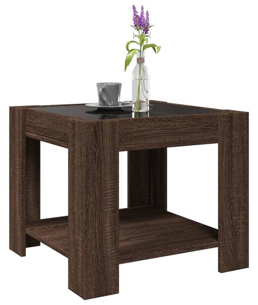 Barna tölgy szerelt fa dohányzóasztal LED-del 53 x 53 x 45 cm