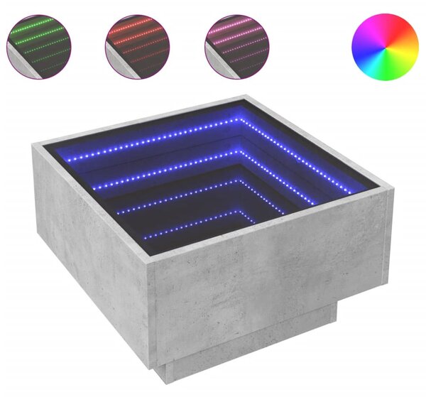 Betonszürke szerelt fa dohányzóasztal LED-del 50 x 50 x 30 cm