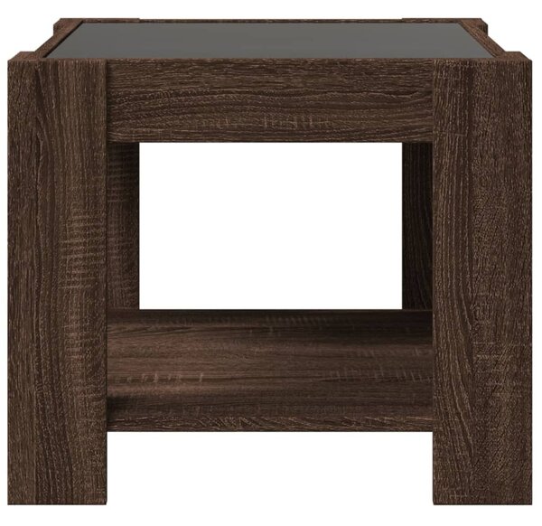 Barna tölgy szerelt fa dohányzóasztal LED-del 53 x 53 x 45 cm