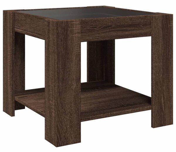 Barna tölgy szerelt fa dohányzóasztal LED-del 53 x 53 x 45 cm