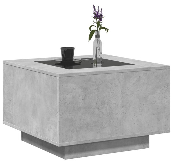 Betonszürke szerelt fa dohányzóasztal LED-del 60 x 60 x 40 cm