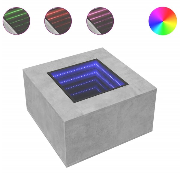 Betonszürke szerelt fa dohányzóasztal LED-del 60 x 60 x 40 cm