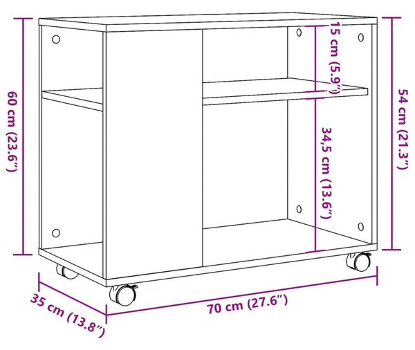 Betonszürke szerelt fa kisasztal kerekekkel 70 x 35 x 60 cm