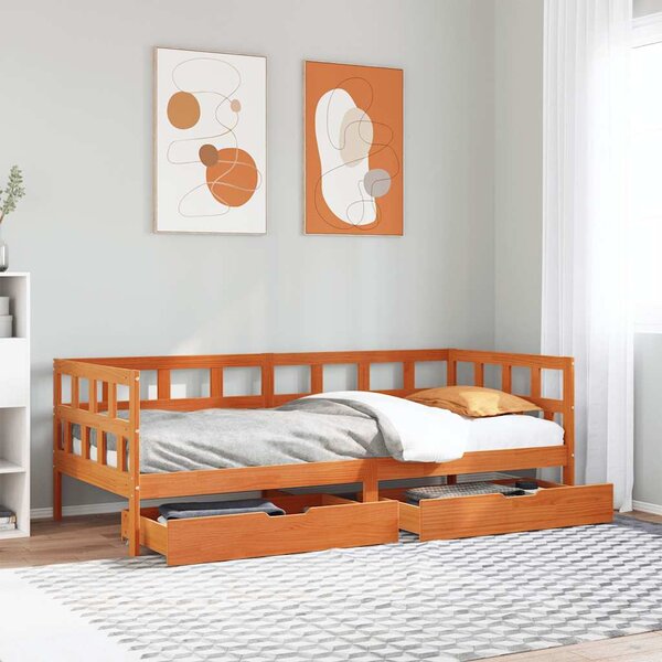 Viaszbarna tömör fa kanapéágy fiókkal matrac nélkül 90 x 190 cm