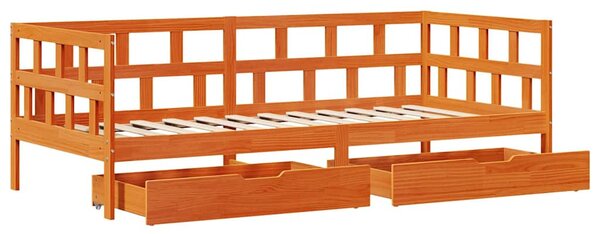 Viaszbarna tömör fa kanapéágy fiókkal matrac nélkül 90 x 190 cm