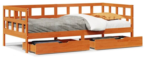 Viaszbarna tömör fa kanapéágy fiókkal matrac nélkül 90 x 190 cm