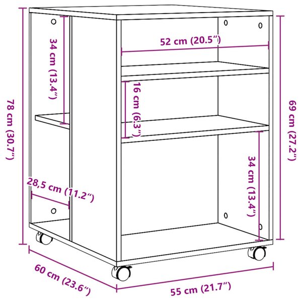 Betonszürke szerelt fa kisasztal kerekekkel 55 x 60 x 78 cm