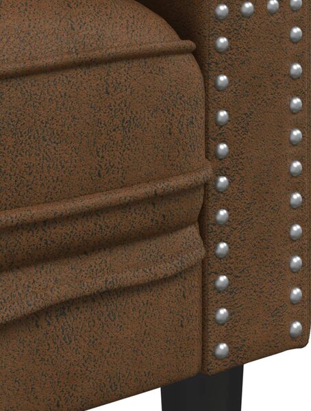 3 személyes barna műbőr Chesterfield kanapé hengerpárnákkal