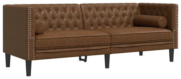 3 részes barna művelúr Chesterfield kanapészett hengerpárnákkal