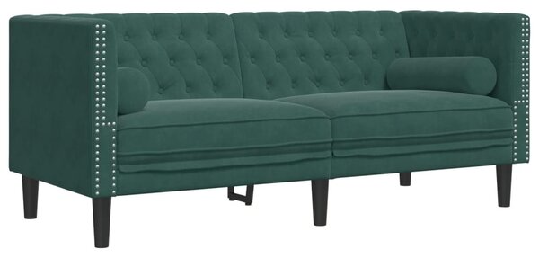 3 részes sötétzöld bársony Chesterfield kanapészett párnákkal