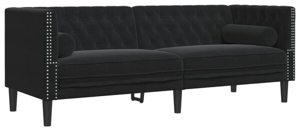 3 személyes fekete bársony Chesterfield kanapé hengerpárnákkal
