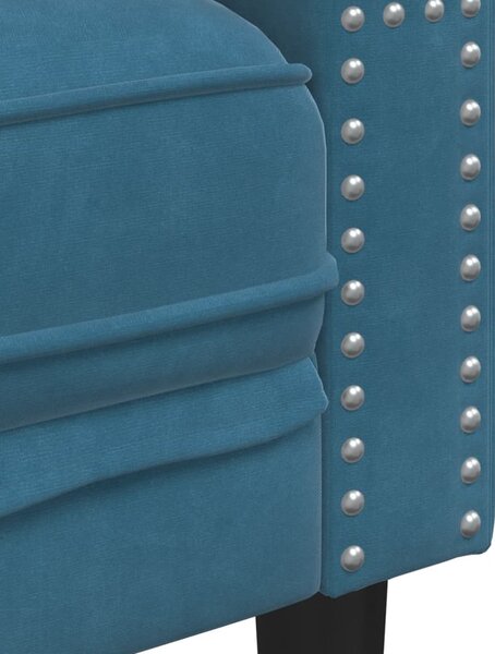 3 részes kék bársony Chesterfield kanapészett hengerpárnákkal