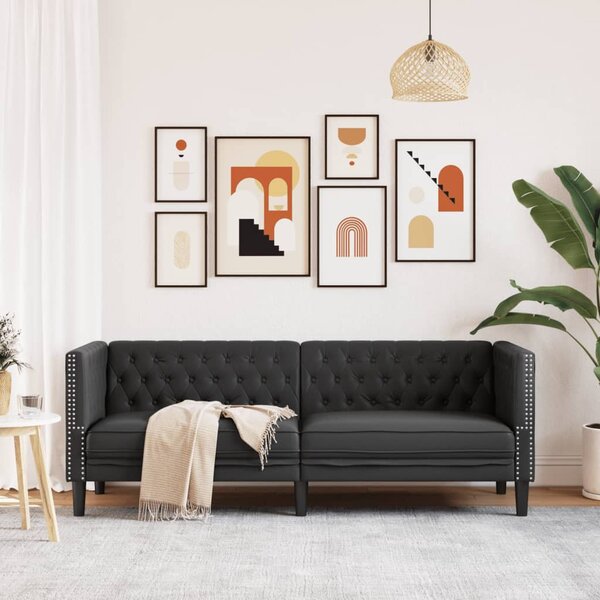 3 személyes fekete műbőr Chesterfield kanapé