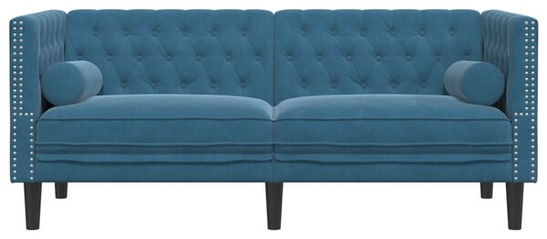 2 személyes kék bársony Chesterfield kanapé hengerpárnákkal