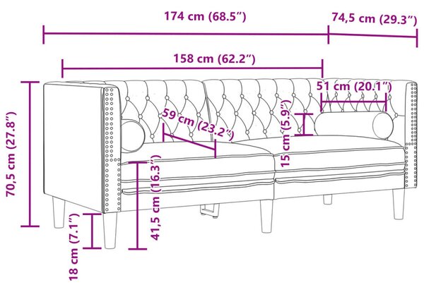 2 személyes kék bársony Chesterfield kanapé hengerpárnákkal