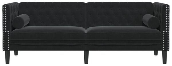 3 személyes fekete bársony Chesterfield kanapé hengerpárnákkal