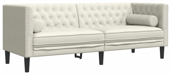 3 személyes krémszínű bársony Chesterfield kanapé párnákkal