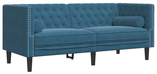 2 személyes kék bársony Chesterfield kanapé hengerpárnákkal