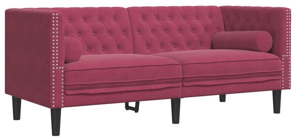 2 személyes bordó bársony Chesterfield kanapé hengerpárnákkal