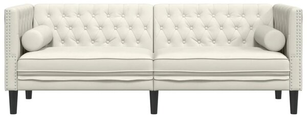 3 személyes krémszínű bársony Chesterfield kanapé párnákkal