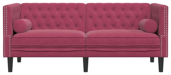 2 személyes bordó bársony Chesterfield kanapé hengerpárnákkal